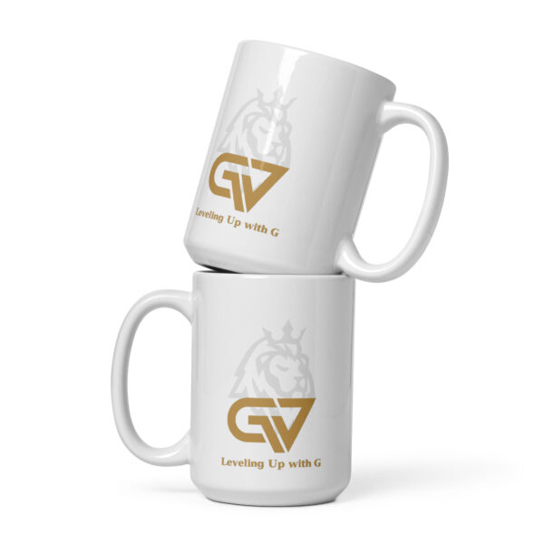 Leveling Up with G White glossy mug